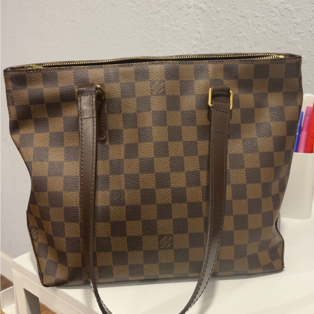 Louis Vuitton Brown Damier Tote Bag with Leather Trim
